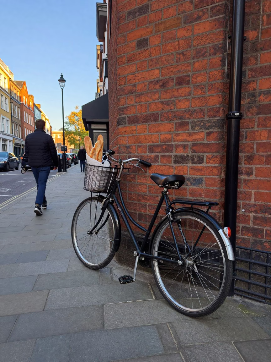 Late Afternoon London Street Scene with Vintage Bicycle and Lint on Fabric in in London, United Kingdom