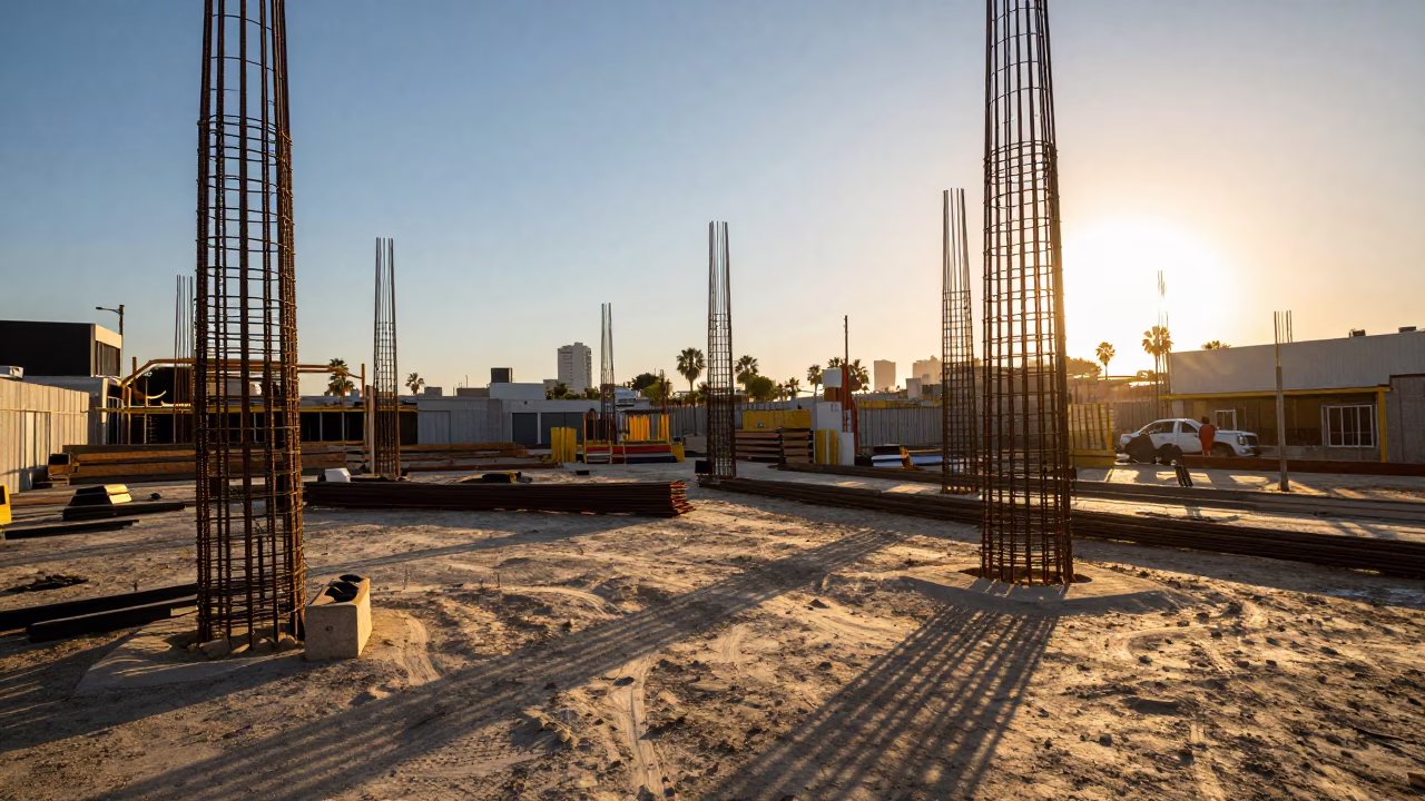Late Afternoon Los Angeles Construction Site with Rebar Bundles and Stool in in Los Angeles, California, United States