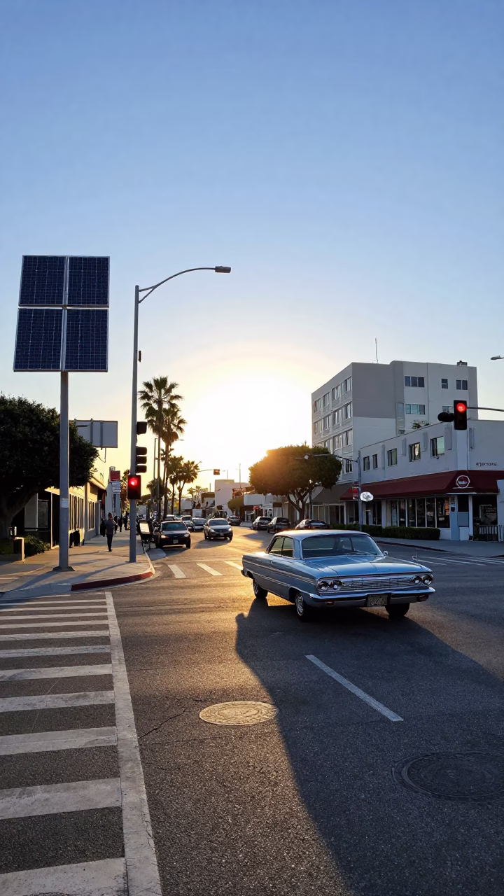 Late Afternoon Los Angeles Street Scene with Solar Arrays and Vintage Car in in Los Angeles, California, United States