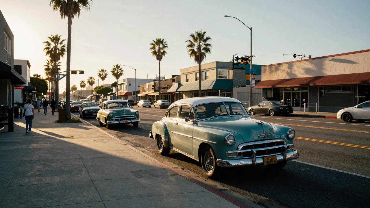 Late Afternoon Los Angeles Street Scene with Vintage Cars and Pedestrians in in Los Angeles, California, United States