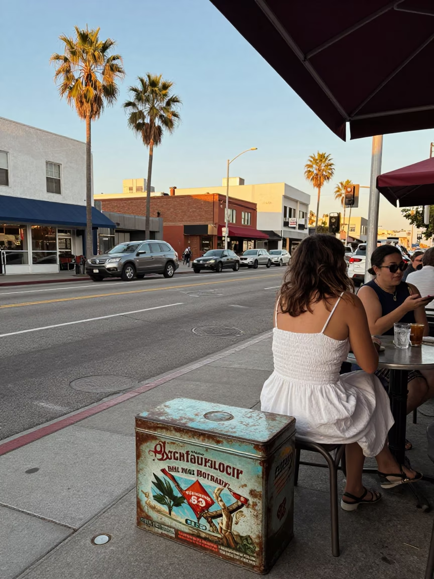 Late Afternoon Los Angeles Street Scene with Vintage Tin Box and Casual Diner Interaction in in Los Angeles, California, United States