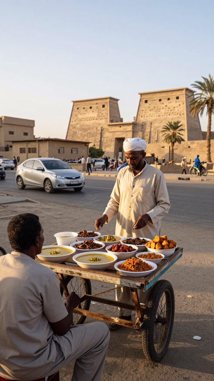 Late Afternoon Luxor Egypt Street Scene with Traditional Food and Notebook in in Luxor, Egypt
