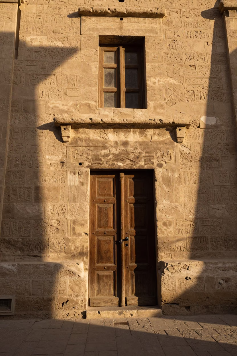 Late Afternoon Luxor Street Scene with Deadbolt and Window Light on Ancient Sandstone in in Luxor, Egypt
