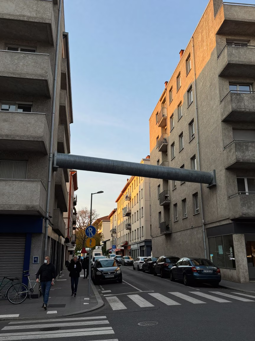 Late Afternoon Lyon Street Scene with District Heating Pipes and Bicycle Basket in in Lyon, France