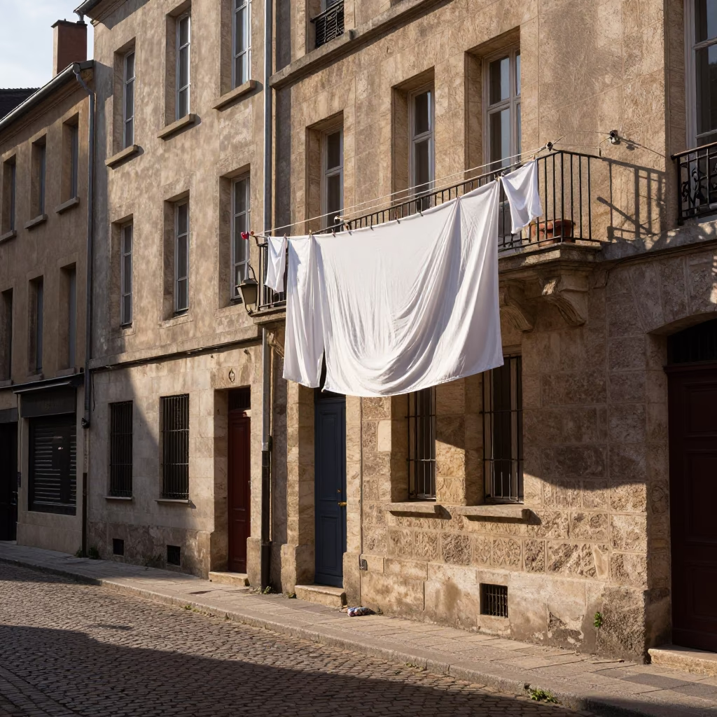 Late Afternoon Lyon Street Scene with Macarons and Clothesline in Traditional French Neighborhood in in Lyon, France