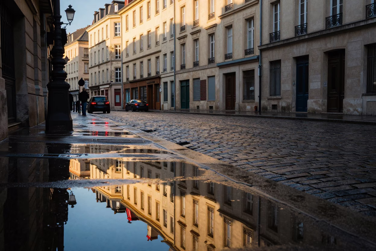 Late Afternoon Lyon Street Scene with Puddle Reflections of Hotel Windows and Tail Lights in in Lyon, France