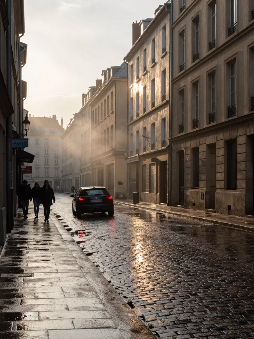 Late Afternoon Lyon Street Scene with Steam Haze and Wet Pavement Reflections in in Lyon, France