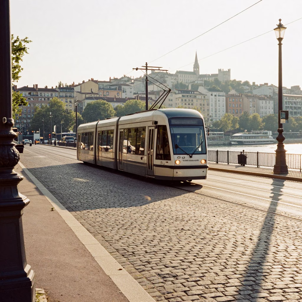 Late Afternoon Lyon Tramway and River View with Maintenance Equipment in in Lyon, France