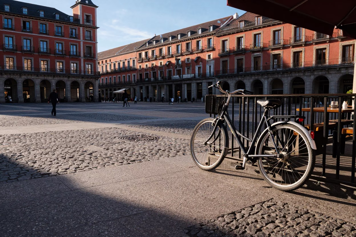 Late Afternoon Madrid Street Scene with Bicycle Leaning Against Traditional Cafe Terrace in in Madrid, Spain