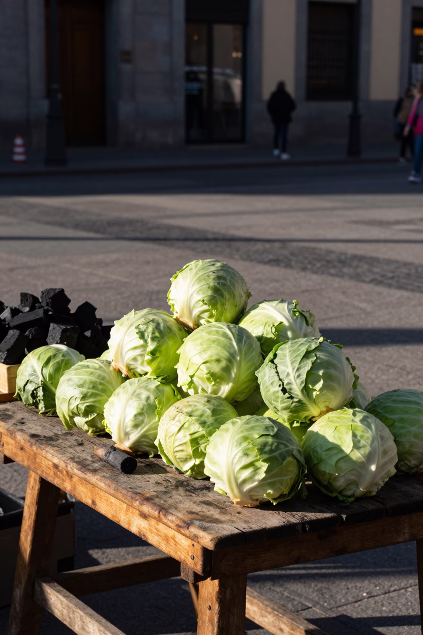 Late Afternoon Madrid Street Scene with Cabbages and Charcoal on Market Stall in in Madrid, Spain