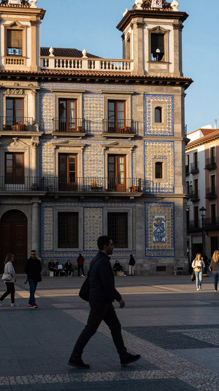 Late Afternoon Madrid Street Scene with Ceramic Tiles and Urban Details in in Madrid, Spain