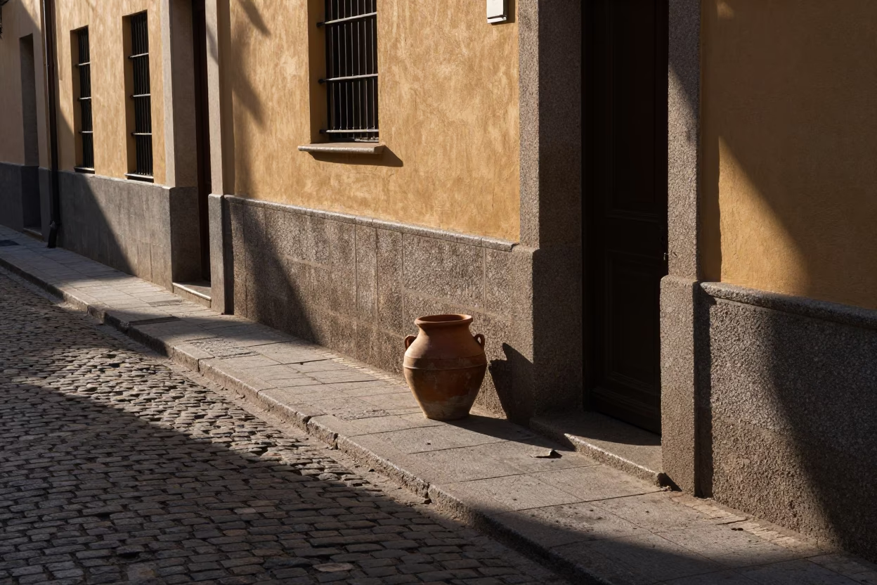 Late Afternoon Madrid Street Scene with Clay Pot and Lantern on Cobblestone in in Madrid, Spain