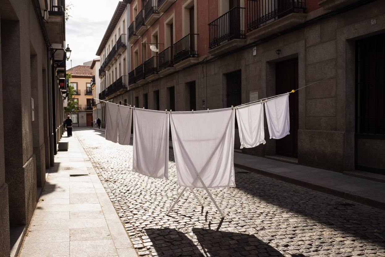 Late Afternoon Madrid Street Scene with Drying Laundry and Traditional Architecture in in Madrid, Spain
