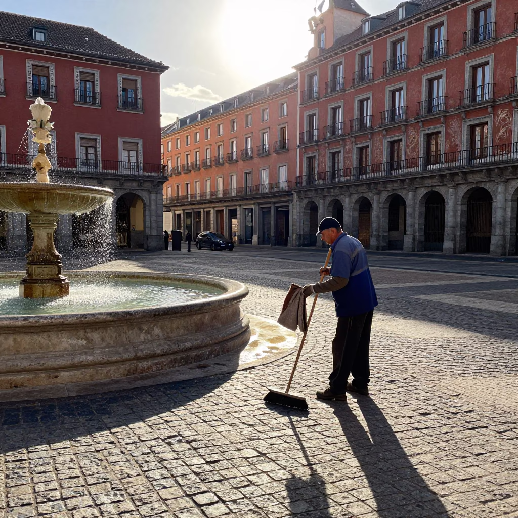 Late Afternoon Madrid Street Scene with Dusting Cloth and Casual Urban Life in in Madrid, Spain