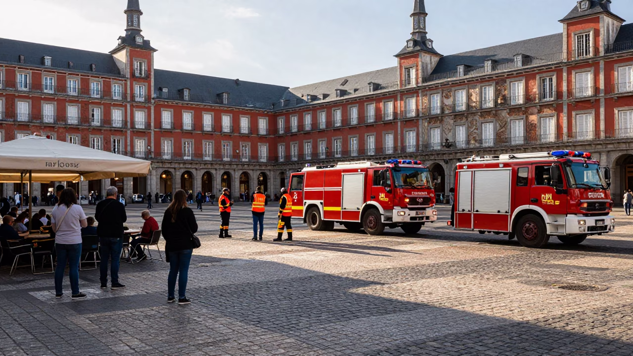 Late Afternoon Madrid Street Scene with Fire Engine and Local Activity in in Madrid, Spain