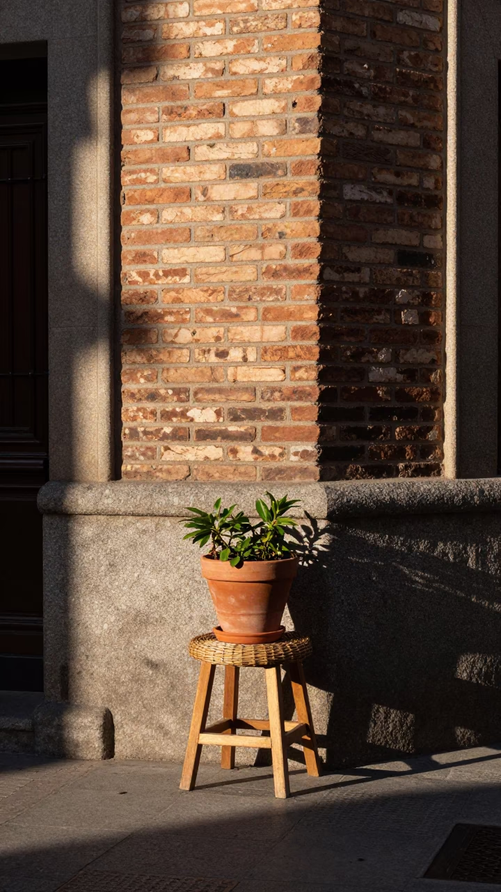 Late Afternoon Madrid Street Scene with Flowerpot and Wicker Shadow on Stool Leg in in Madrid, Spain