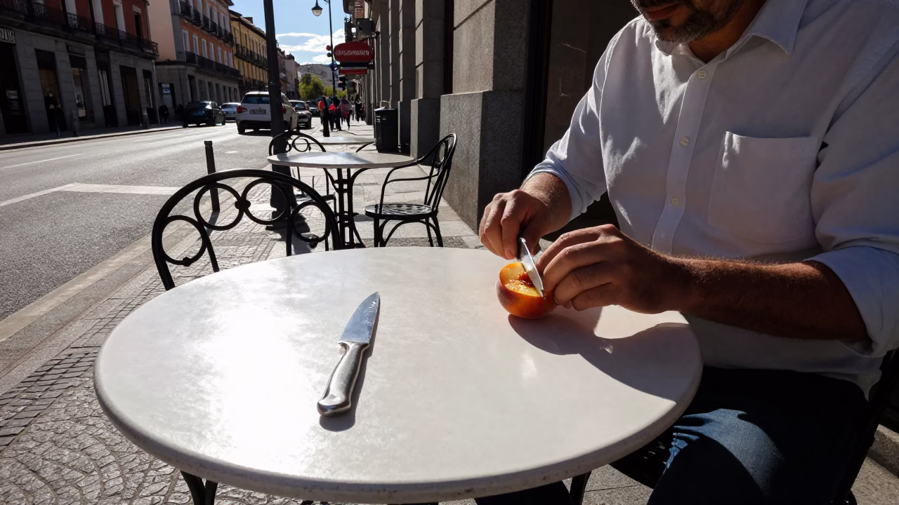 Late Afternoon Madrid Street Scene with Fruit Knife and Saucer on Cafe Table in in Madrid, Spain