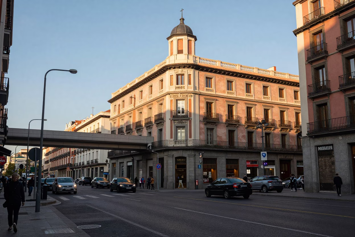 Late Afternoon Madrid Street Scene with Highway Flyover and Pink Sky in in Madrid, Spain