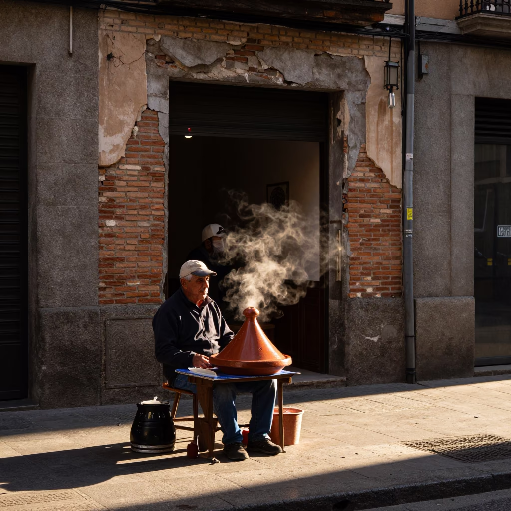 Late Afternoon Madrid Street Scene with Morrocan Tagine and Urban Demolition in in Madrid, Spain