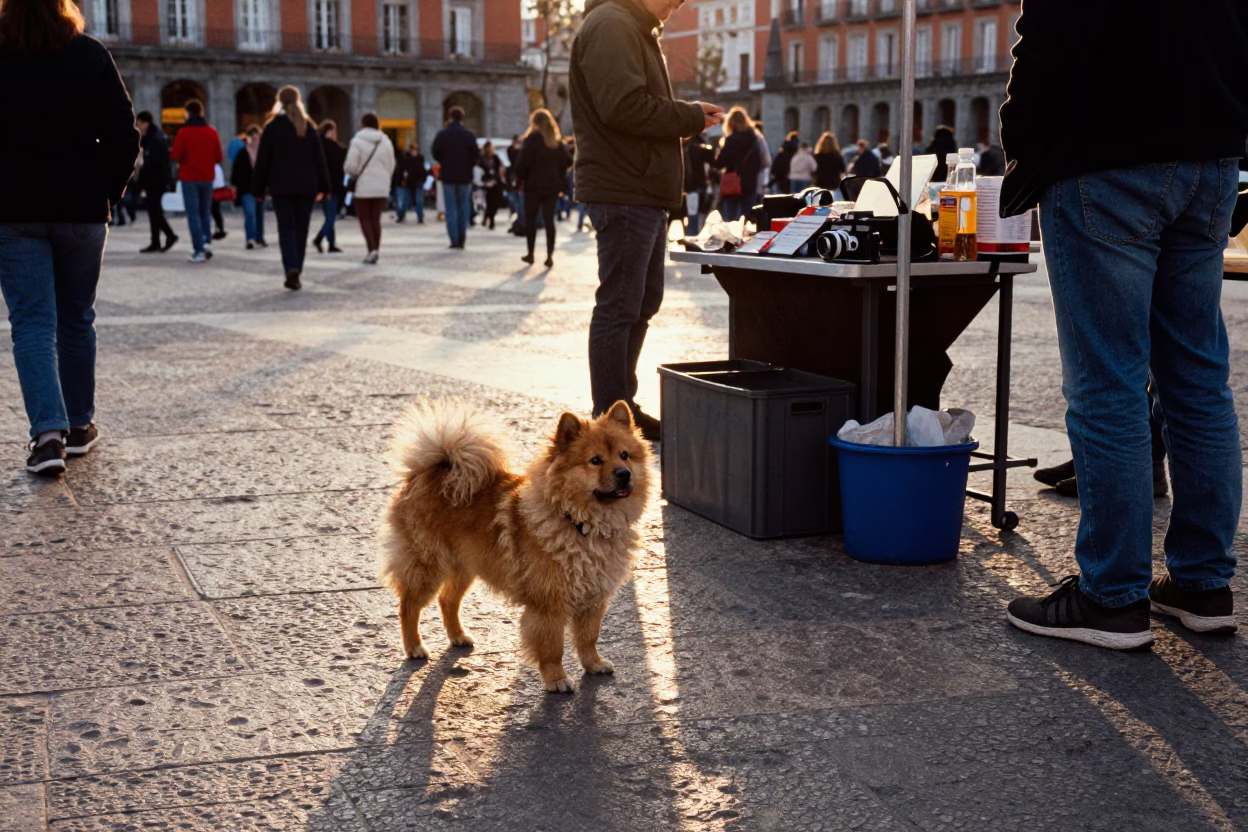 Late Afternoon Madrid Street Scene with Pumi Dog and Apples on Plaza in in Madrid, Spain