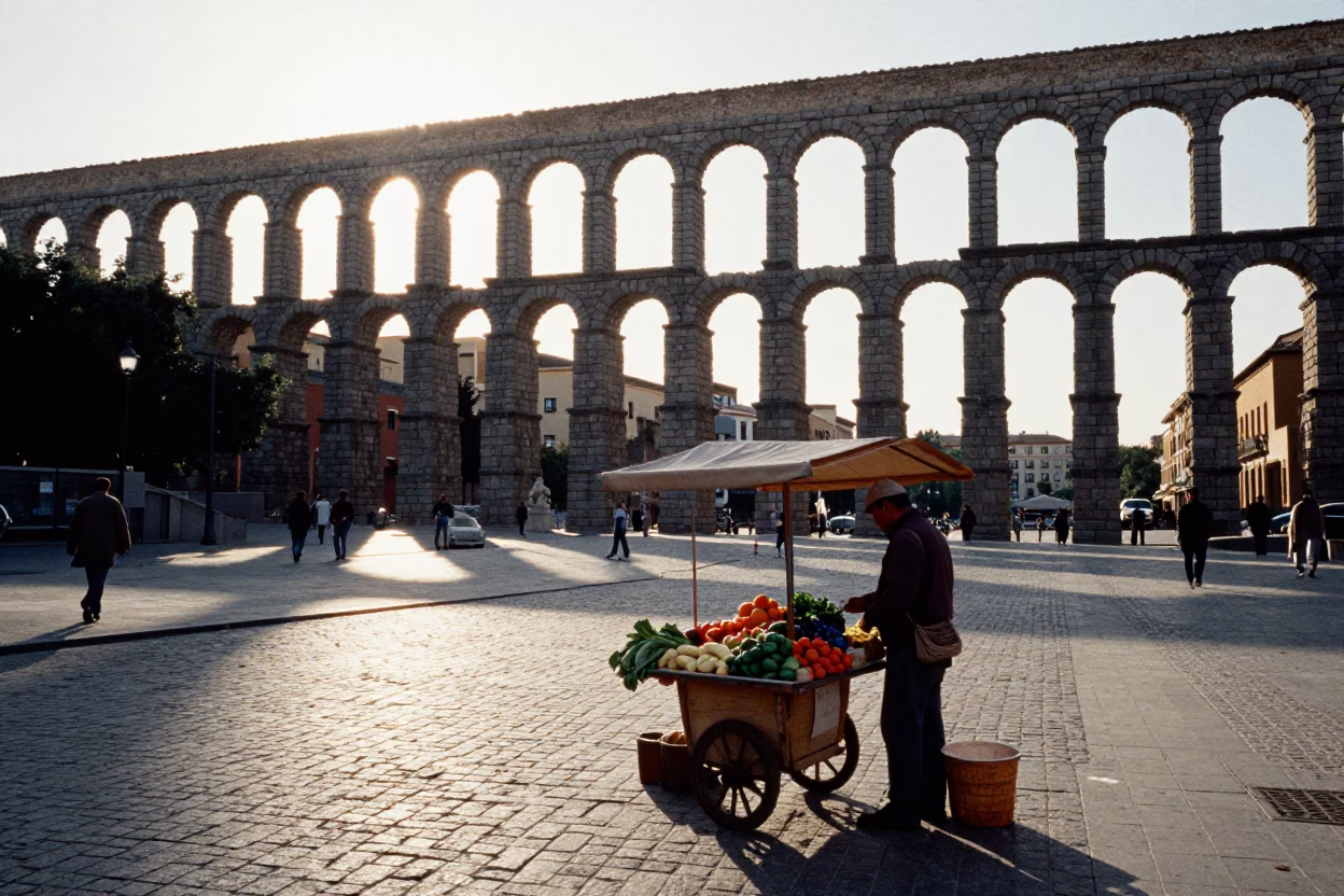 Late Afternoon Madrid Street Scene with Roman Aqueduct and Local Life in in Madrid, Spain