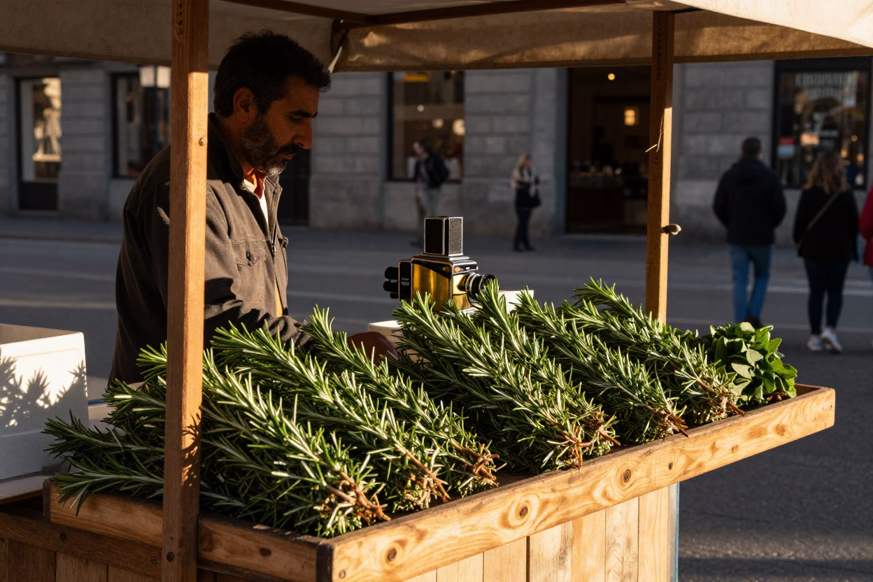 Late Afternoon Madrid Street Scene with Rosemary and Brass Hardware Details in in Madrid, Spain
