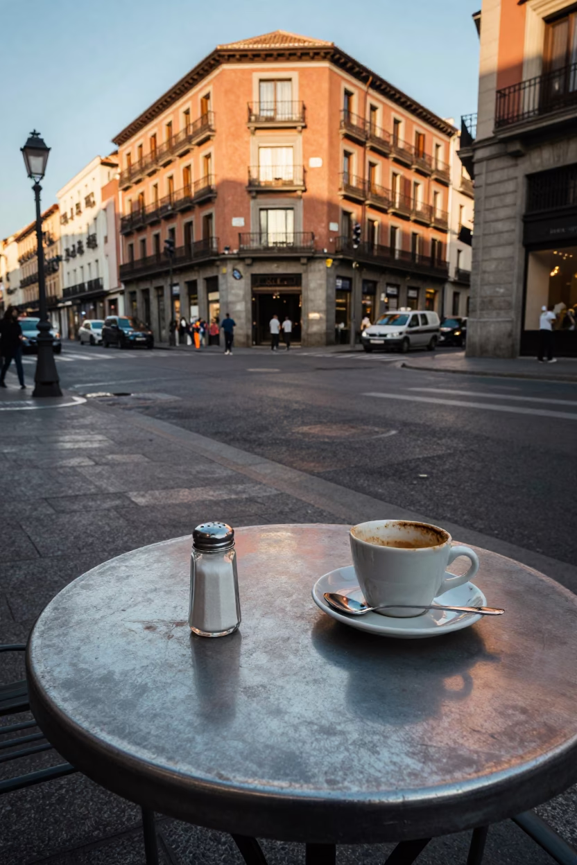 Late Afternoon Madrid Street Scene with Salt Shaker and Lived-In Detail in in Madrid, Spain
