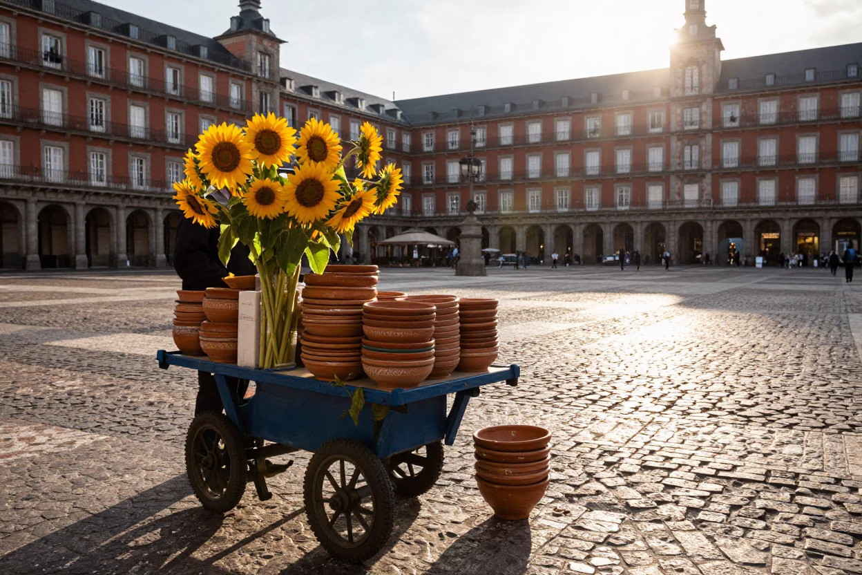 Late Afternoon Madrid Street Scene with Sunflowers and Terracotta Bowls in in Madrid, Spain