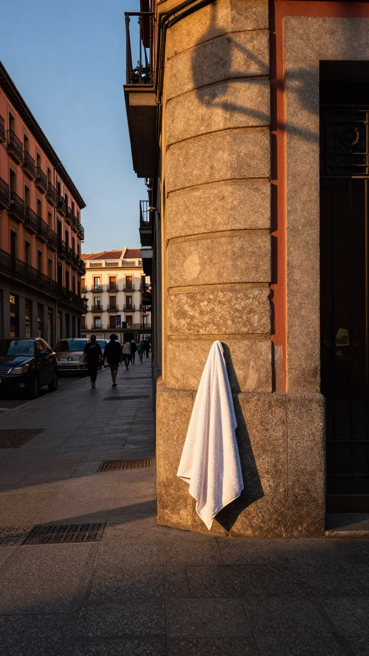 Late Afternoon Madrid Street Scene with Towel and Urban Details in in Madrid, Spain
