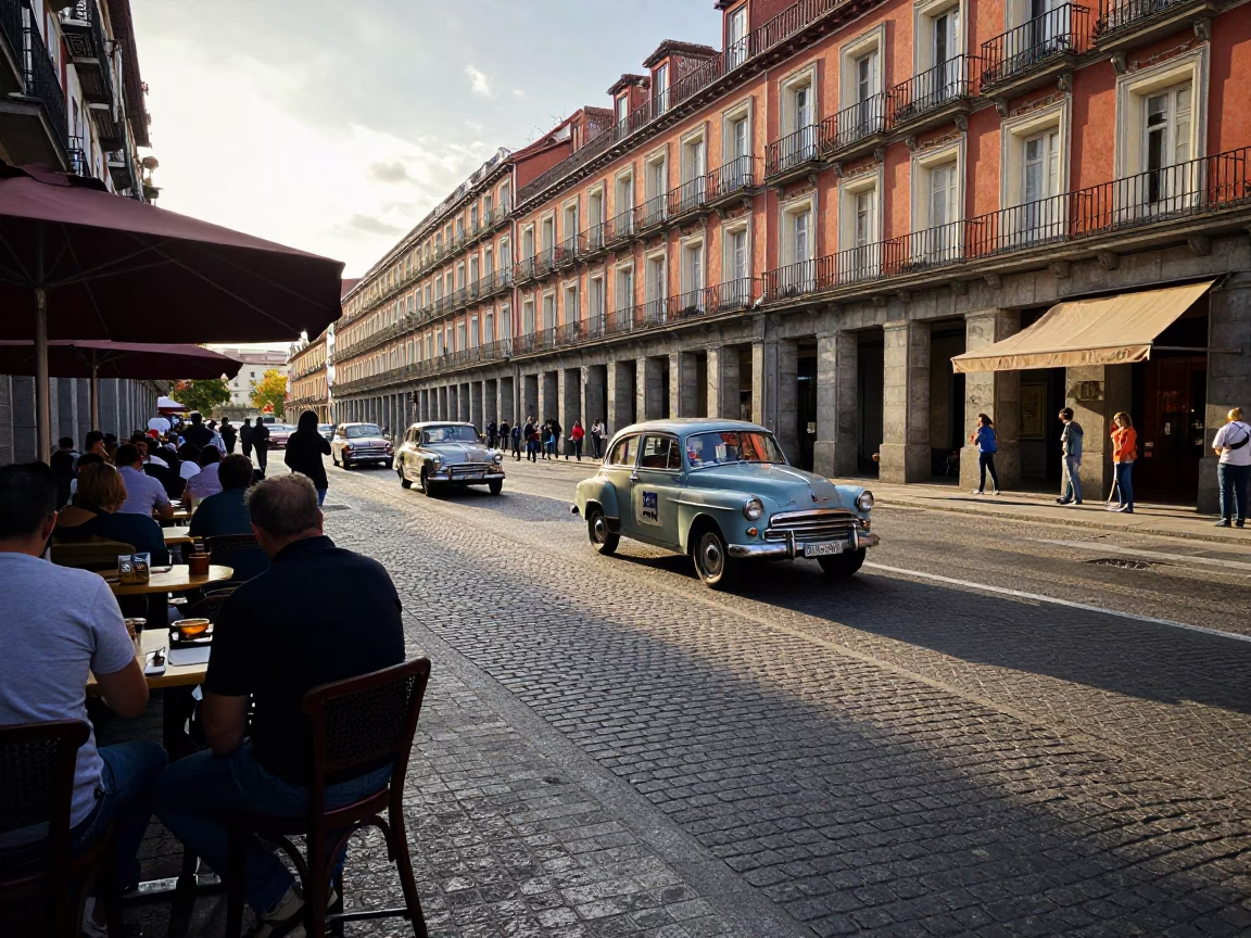 Late Afternoon Madrid Street Scene with Vintage Car Rally and Canister Set in in Madrid, Spain