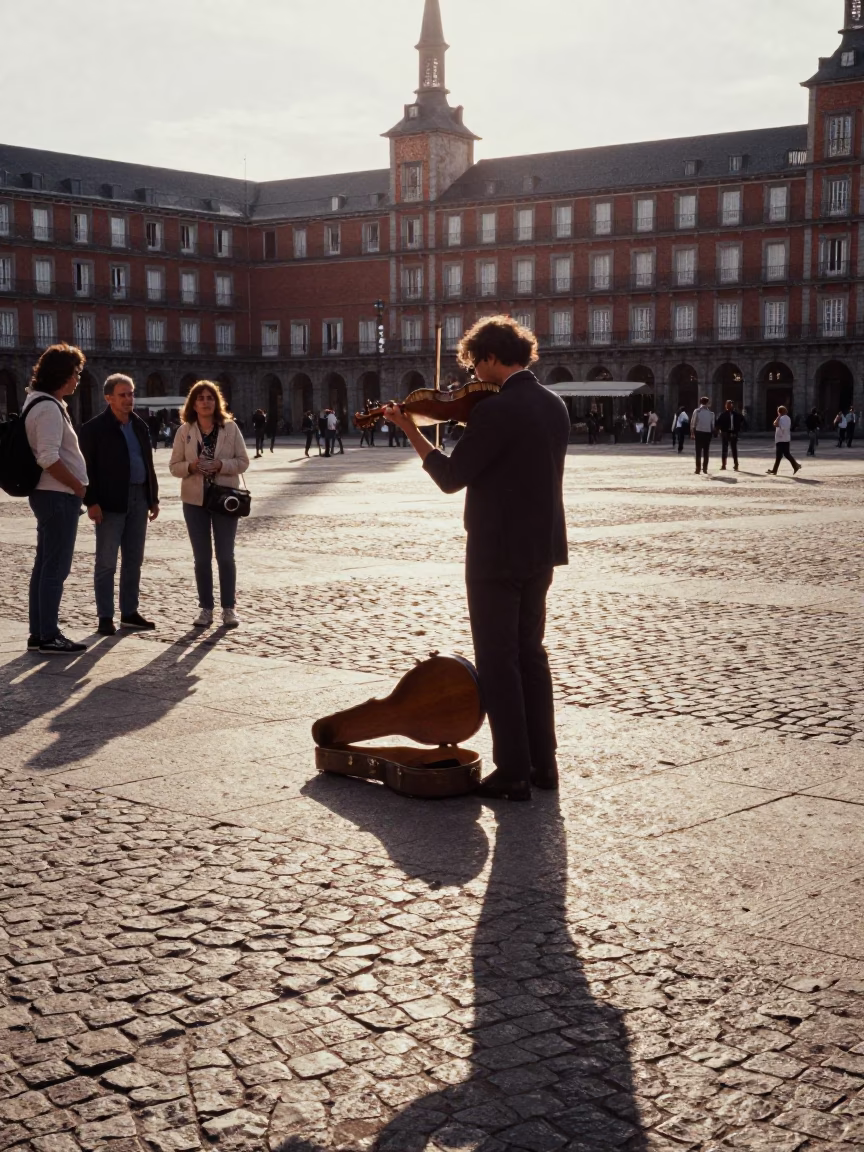 Late Afternoon Madrid Street Scene with Violinist and Traditional Spanish Food in in Madrid, Spain