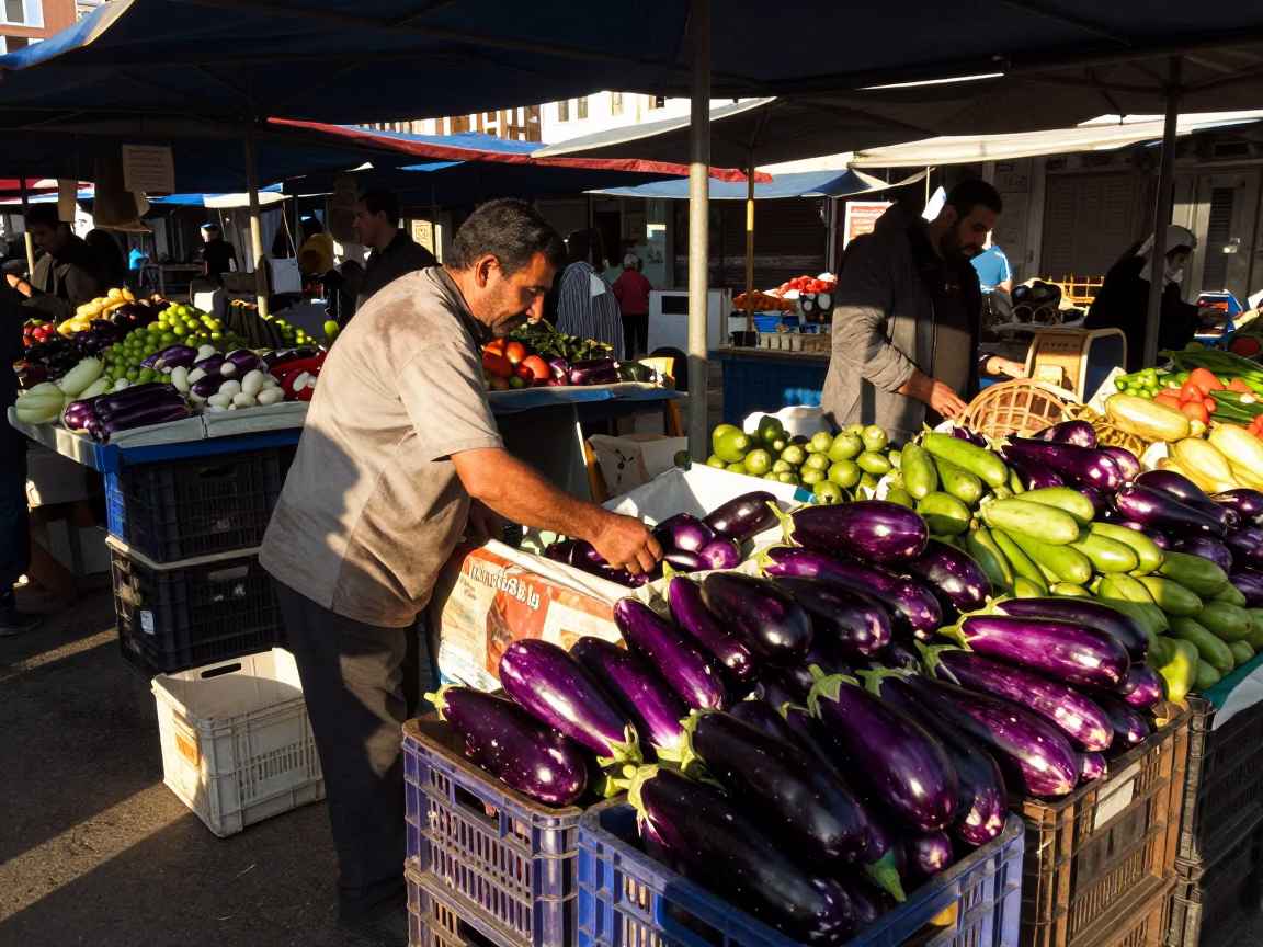 Late Afternoon Market Scene in Izmir Turkey with Eggplants and Local Commerce in in Izmir, Turkey