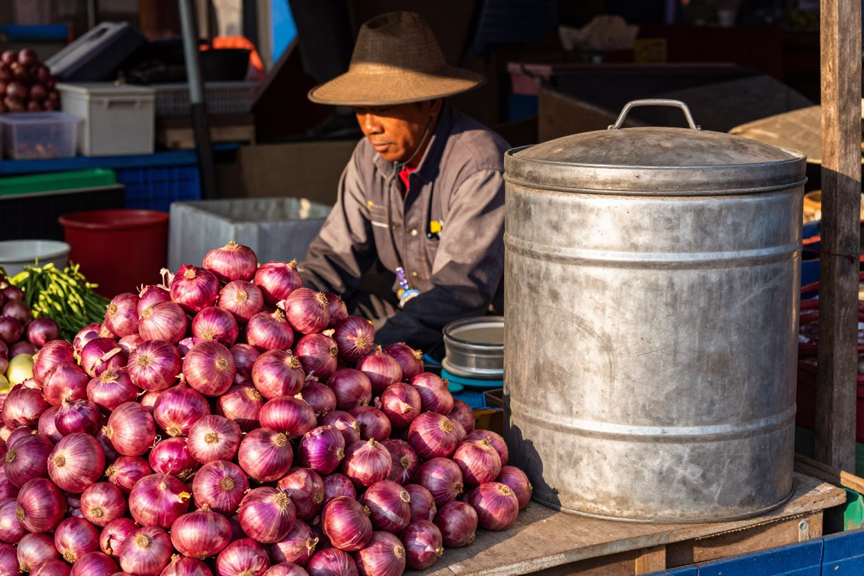 Late Afternoon Market Stall with Onions and Storage Tin in Chiang Mai Thailand in in Chiang Mai, Thailand