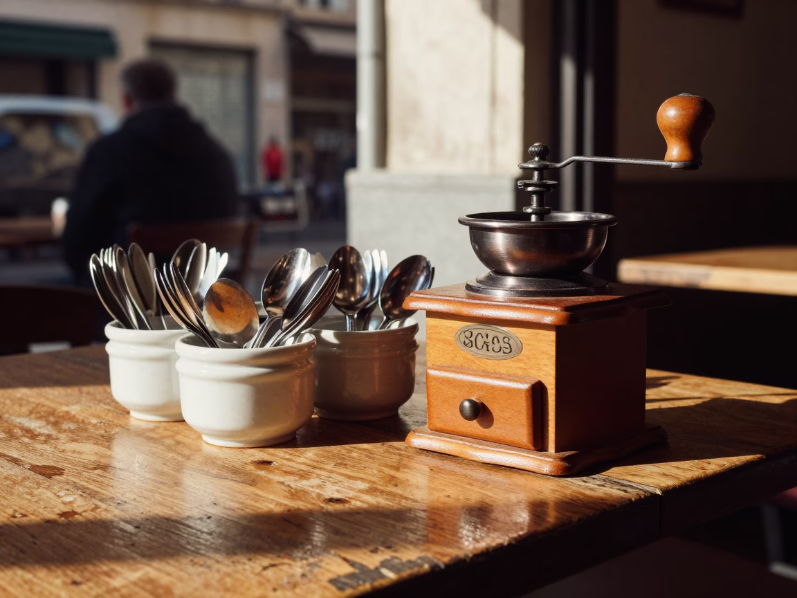 Late Afternoon Marseille Cafe Scene with Vintage Coffee Grinder and Utensil Crocks in in Marseille, France