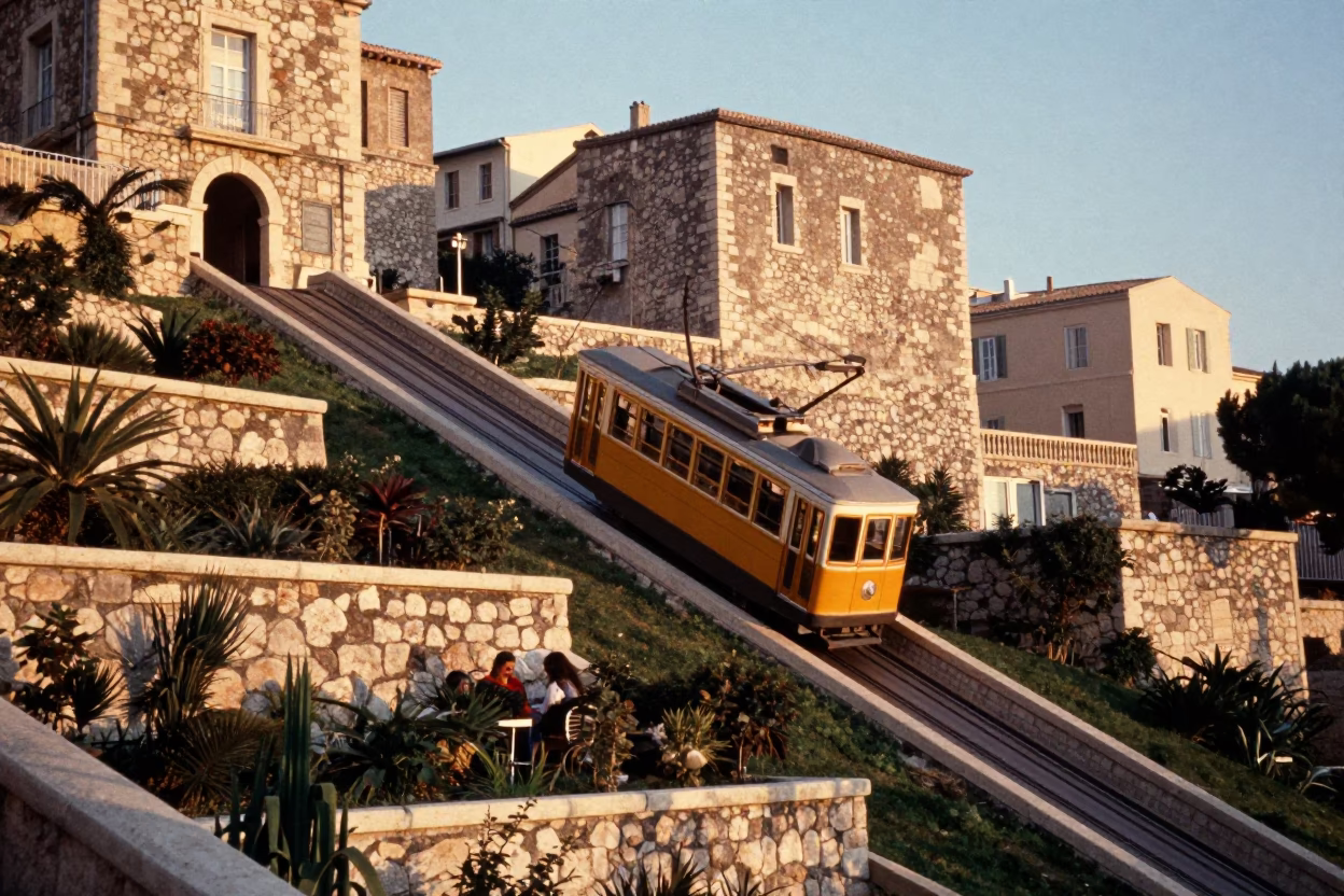 Late Afternoon Marseille Funicular Rising Through Terraced Gardens with Urban Street Life in in Marseille, France