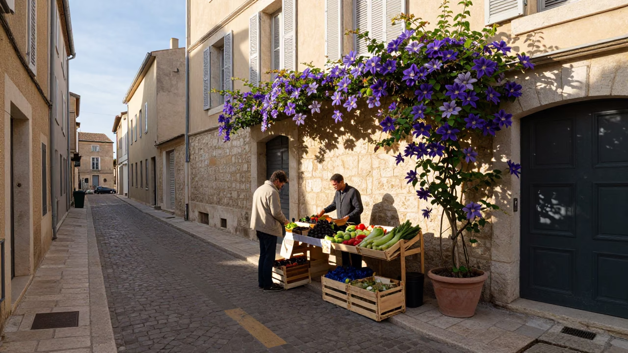 Late Afternoon Marseille Street Scene with Clematis Vine and Local Market Activity in in Marseille, France