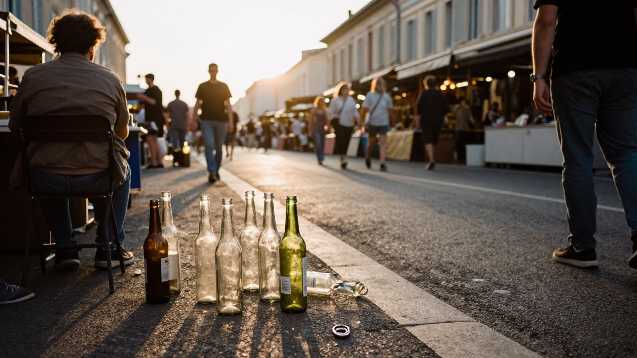 Late Afternoon Marseille Street Scene with Glass Bottles and Vintage Car at Diner in in Marseille, France