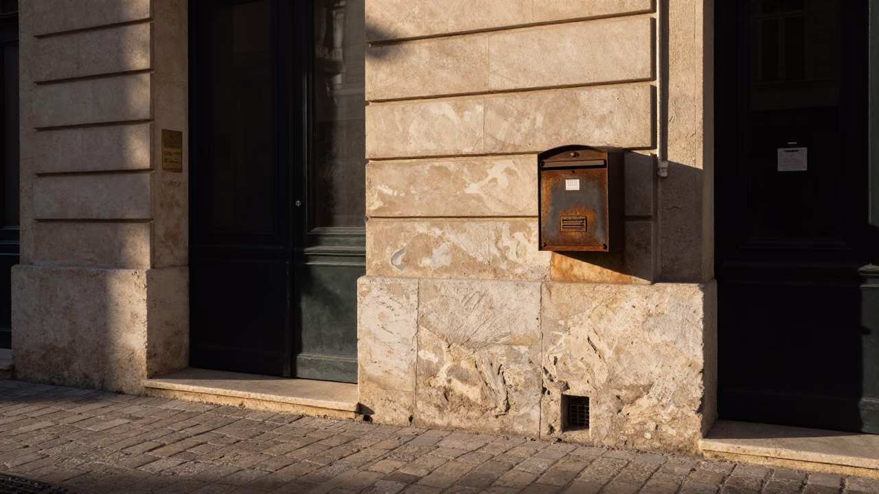 Late Afternoon Marseille Street Scene with Mailbox and Bar Soap on Window Sill in in Marseille, France