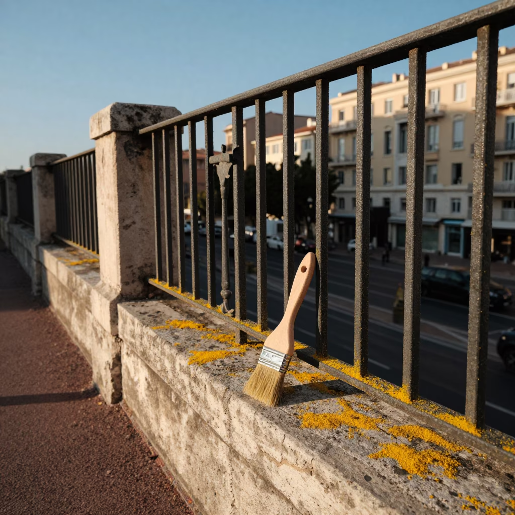 Late Afternoon Marseille Street Scene with Pastry Brush and Pollen on Rail in in Marseille, France