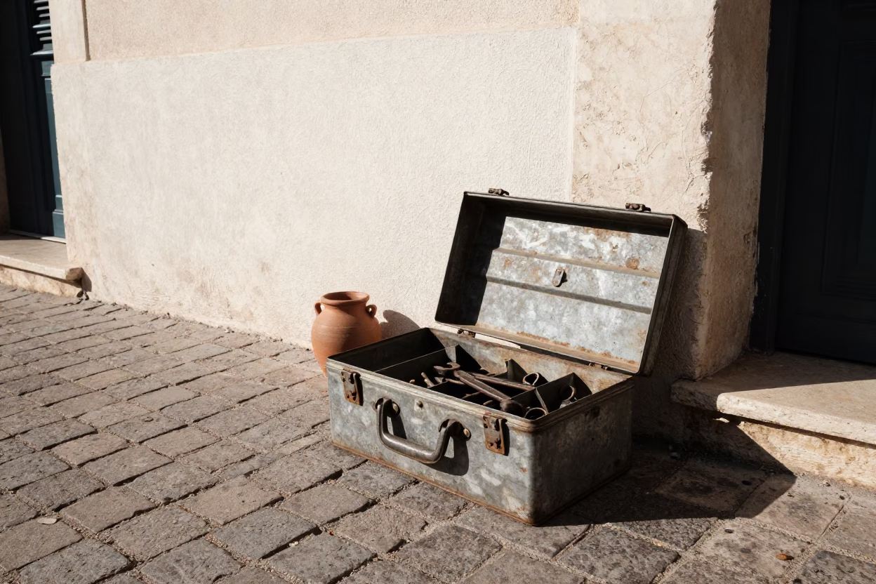 Late Afternoon Marseille Street Scene with Toolbox and Clay Pot on Cobblestones in in Marseille, France