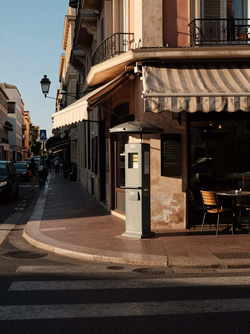 Late Afternoon Marseille Street Scene with Valet Stand and Hotel Awning Reflections in in Marseille, France
