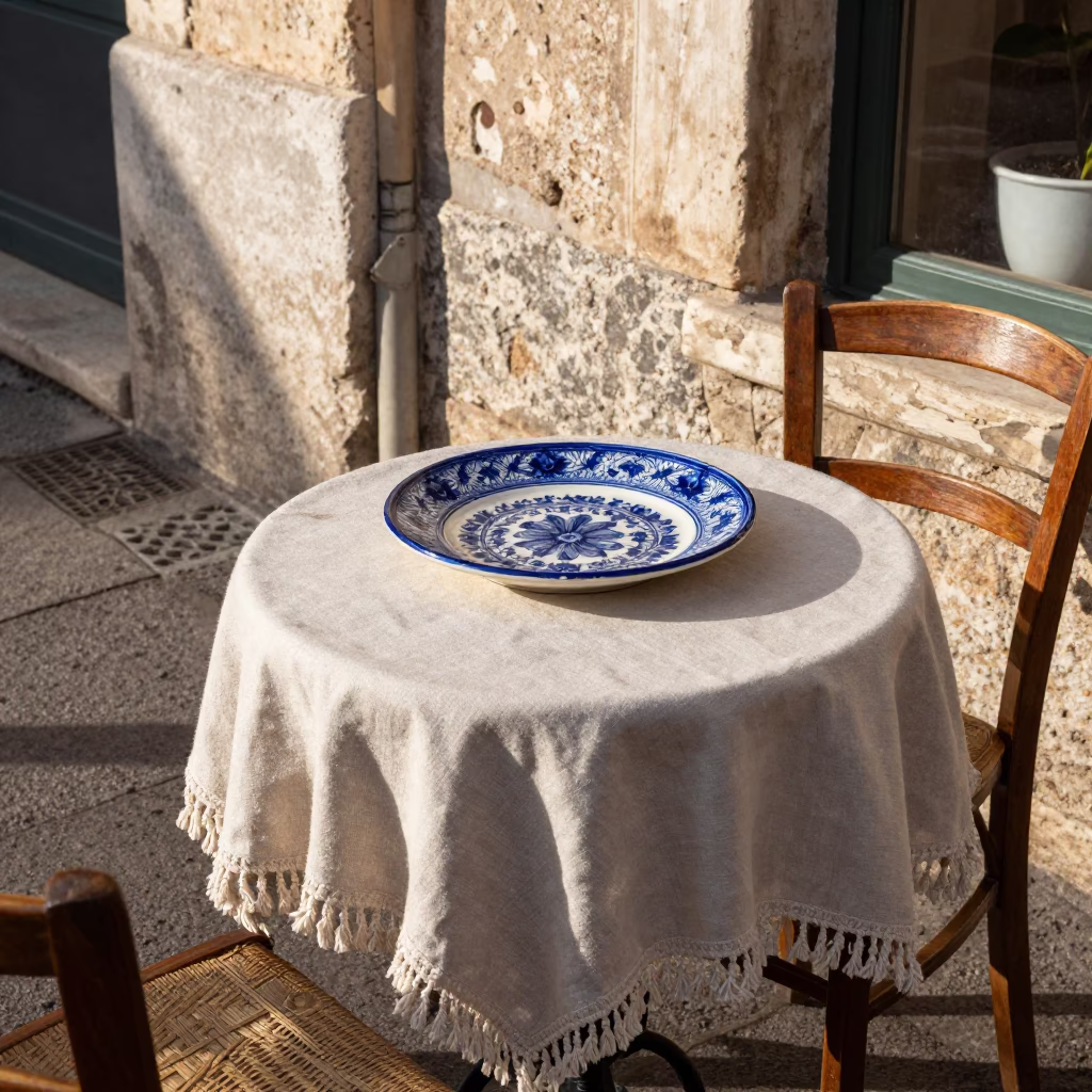 Late Afternoon Marseille Street Scene with Vintage Italian Majolica Plate and Linen Fringe Detail in in Marseille, France