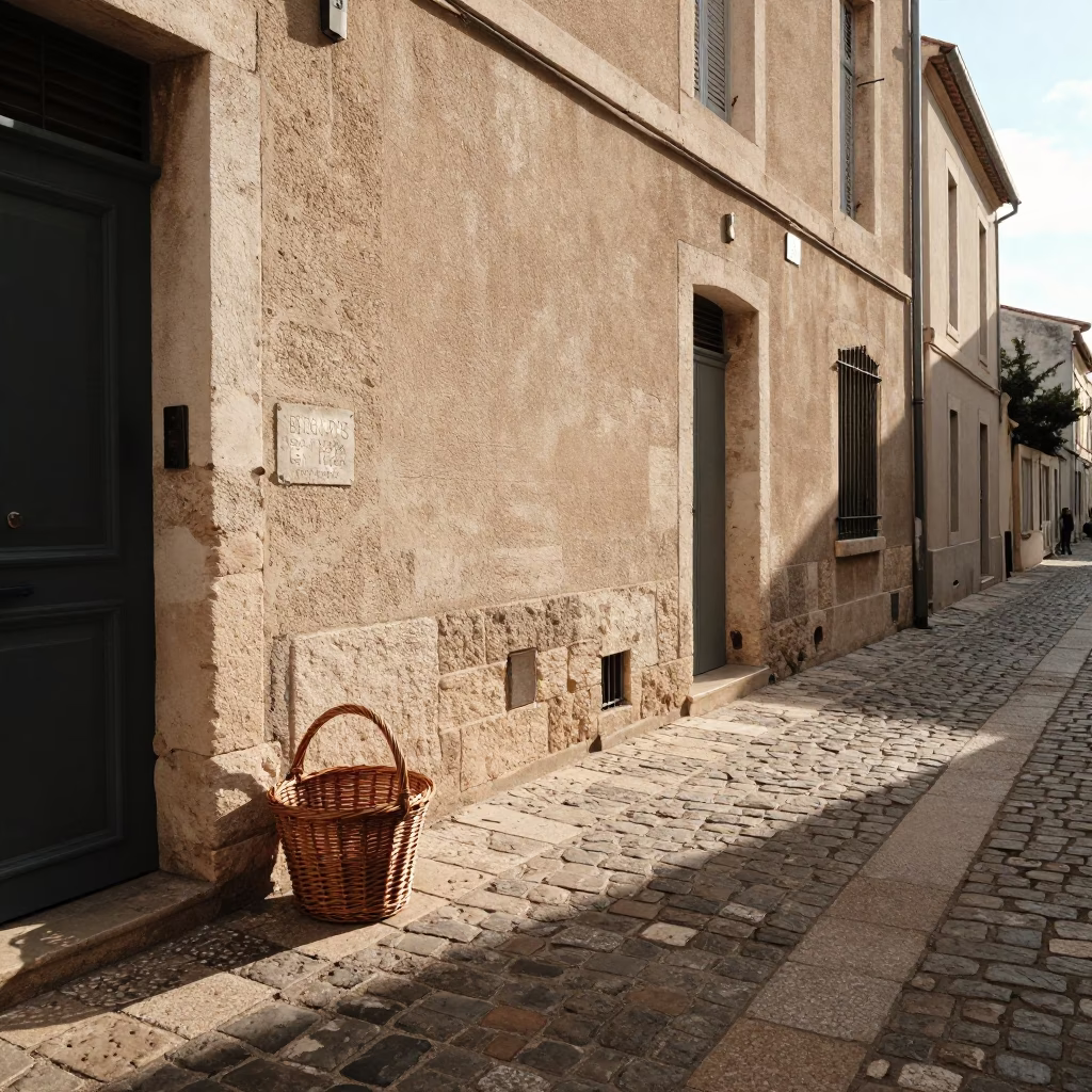 Late Afternoon Marseille Street Scene with Wicker Basket and Vase on Cobblestone in in Marseille, France