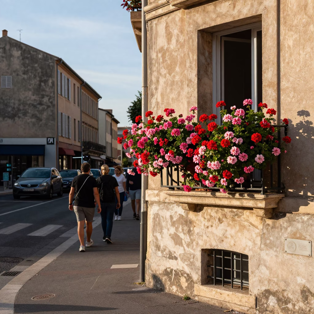 Late Afternoon Marseille Street Scene with Window Box and Sun Hat in 1990s France in in Marseille, France