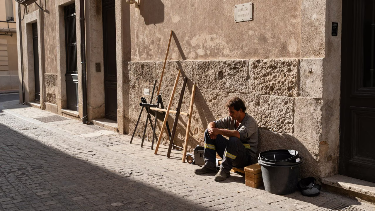 Late Afternoon Marseille Street Scene with Worker Tools and Urban Details in in Marseille, France