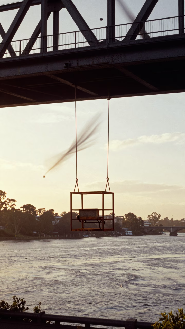 Late Afternoon Melbourne Bridge Maintenance Cage Swinging in Crosswind in in Melbourne, Victoria, Australia