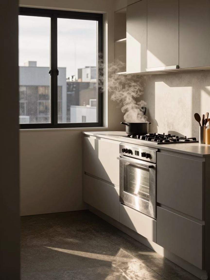 Late Afternoon Melbourne Kitchen with Steam and Steel Reflections in in Melbourne, Victoria, Australia