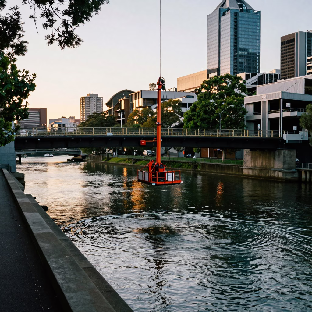 Late Afternoon Melbourne Street Scene with Bridge Maintenance Cradle and Urban Infrastructure in in Melbourne, Victoria, Australia