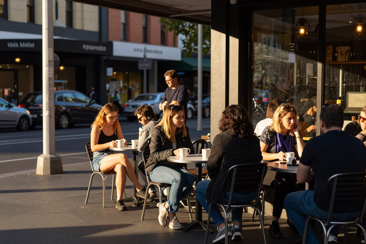 Late Afternoon Melbourne Street Scene with Coffee Mugs and Urban Viaduct Shadows in in Melbourne, Victoria, Australia