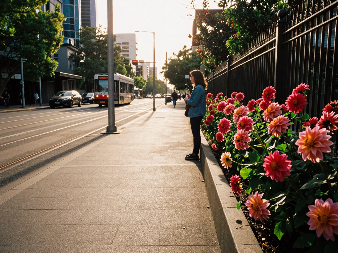 Late Afternoon Melbourne Street Scene with Dahlia Blooms and Urban Details in in Melbourne, Victoria, Australia